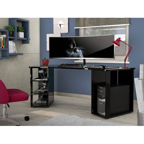 Scrivania Fuhao, 2 Ripiani, un Vano Made in Italy, 90.5x205x76h cm Nero Lucido (1/5)