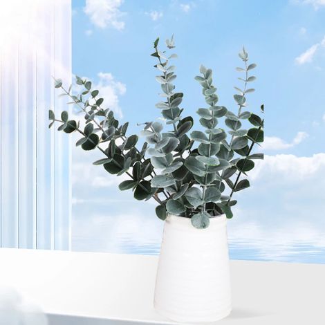 Rama decorativa artificial de eucalipto con hojas de plástico y alambre – 38 cm, 24 hojas – Blanco verdoso escarchado (1/5)