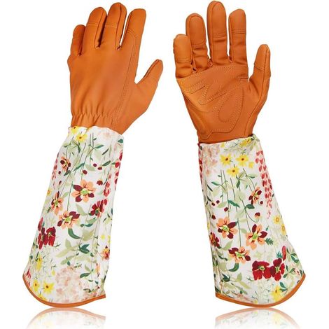 Dornenresistente Gartenhandschuhe aus Leder für Damen mit floral bedruckten Bündchen und langem Unterarmschutz (Braun) (1/5)