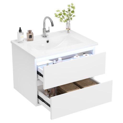Armoire de salle de bain murale 61×46×45 cm, finition de haute qualité, éclairage LED à capteur radar, 2 tiroirs sur glissières silencieuses, vasque intégrée, design minimaliste, blanc (1/5)