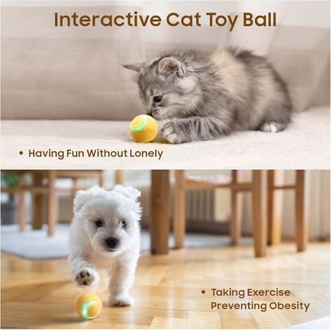 Balle interactive pour animaux avec lumière LED, rotation automatique intelligente, pour une utilisation en intérieur, rechargeable par USB, jaune (1/4)