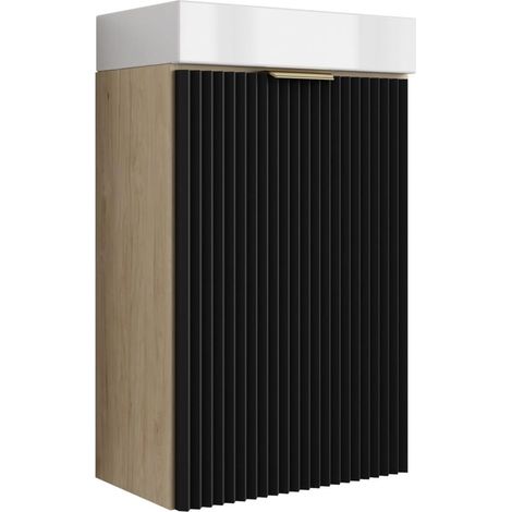 Mobile da bagno con frontale scanalato 40 cm con lavabo, noce chiaro (MDF), con frontale nero, con maniglia dorata, 40,5 × 22,5 × 57 cm (1/5)