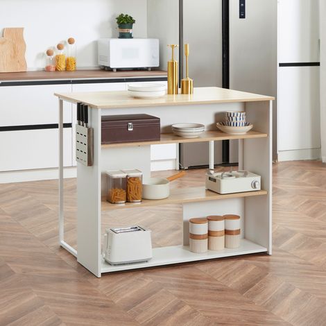 Isla de cocina de estilo moderno con 3 estantes y soporte para cuchillos de acero inoxidable, 105 x 65 x 90 cm, blanco y natural.