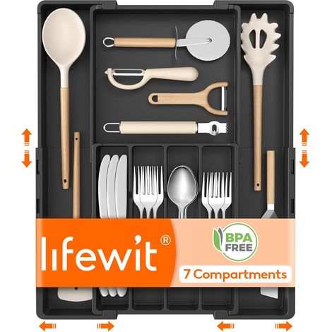 Range Couverts pour Tiroir, Porte-Ustensiles en Plastique, Organisateur Cuisine pour Cuillères et Fourchettes, Avec Largeur Réglable de 22,5-36 cm, 4 à 7 Compartiments Extensibles, Noir (1/5)