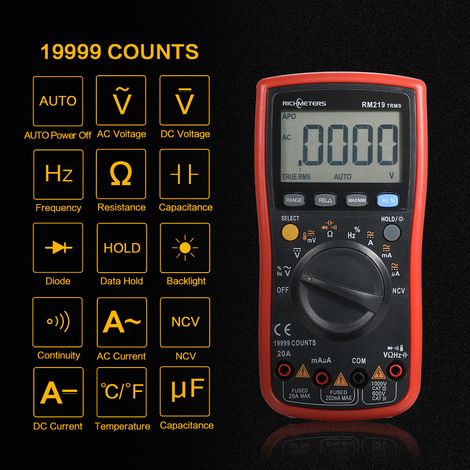 Multimètre numérique RM219 True-RMS 19999 points, sélection automatique de la gamme, NCV, fréquence, mise hors tension, tension AC/DC, ampèremètre, courant, ohmmètre, testeur de transistors (1/5)