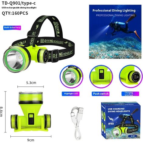 Lampe frontale de plongée rechargeable (petite) - Étanche - Ultra-lumineuse - Lampe frontale pour la plongée et la pêche (1/4)