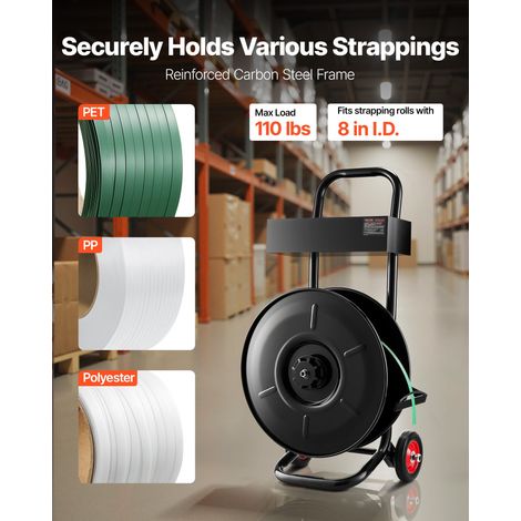 Chariot de cerclage pour bobines de cerclage PET/PP/polyester avec noyaux 203 mm, distributeur de cerclage robuste, équipé d'un sys… (1/5)