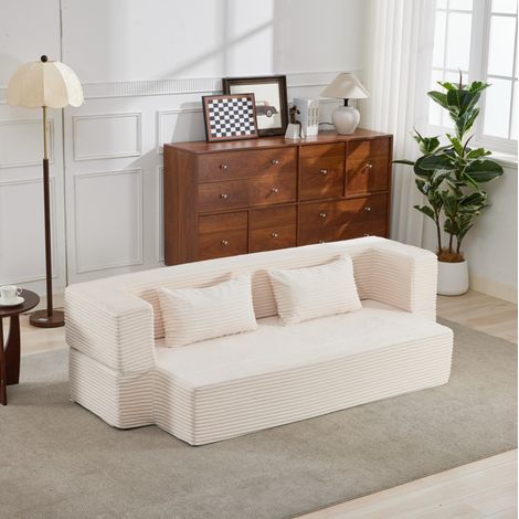 Divano letto convertibile 2 in 1 a 3 posti, lettino modulare da assemblare, con 2 cuscini, in velluto a coste beige (1/5)