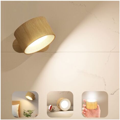 Applique Murale Interieur, Lampe Murale Touch LED avec Port de Charge USB Contrôle Tactile, 3 Niveaux de Luminosité 3 Températures Rotatifs 360° Lampe pour Chambre à Coucher 1 Pack (grain de bois) NPT (1/5)