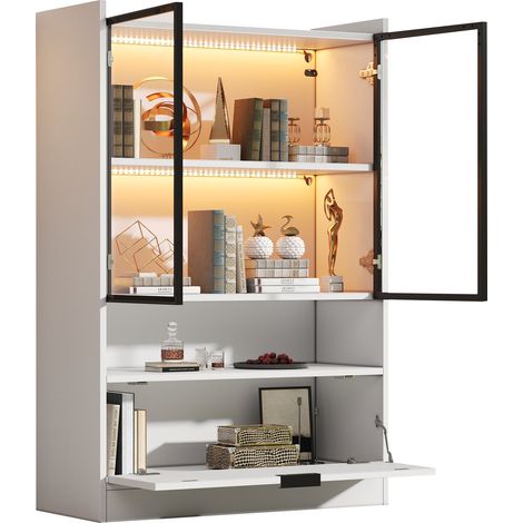 Vitrine mit 2 Glasturen und Klappfach mit LED fur Wohnzimmer aus Spanplatte Weiss 80×35×120 cm (1/5)