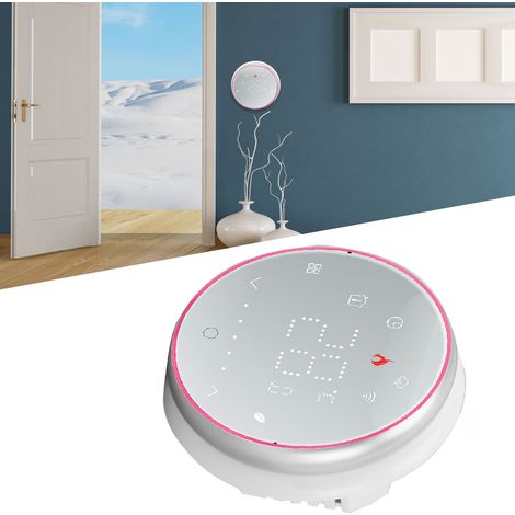 Kabelloses Smart-Thermostat-Bedienfeld für Zuhause mit Sprachsteuerungs-App, Wasserheizungs-Regelventil, AC95240V, weißer runder Sockel. (1/5)