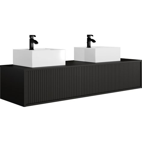 Mobile per bagno sospeso scanalato con doppio lavabo - Nero - 150 cm - ARNEGA