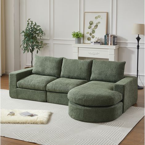 Sofá esquinero modular con chaise longue reversible, 4 módulos, cojines y reposacabezas, chenilla verde - Reposabrazos izquierdo (1/5)