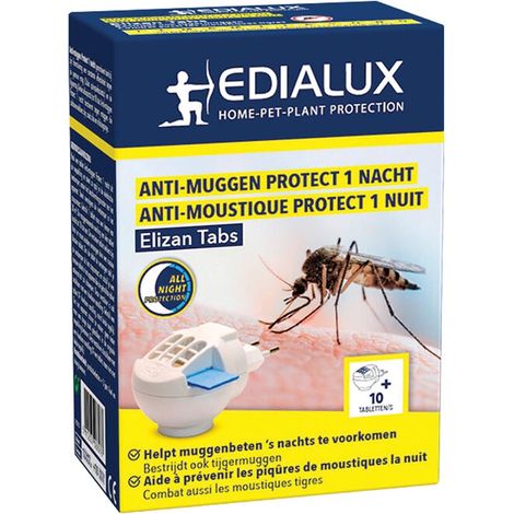 Edialux Mückenstecker Set mit Tabletten, elektrischer Mückenverdampfer, wirksam gegen Stechmücken und Tigermücken, bis zu 10 Stunden Schutz pro Tablette, inkl. 10 Tabletten, für Innenräume