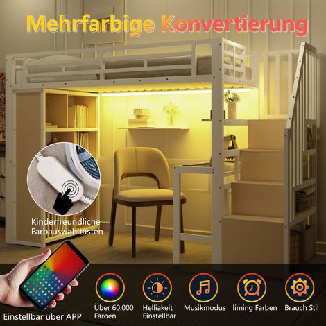 Lit mezzanine 90x200 cm blanc en fer,bureau,compartiments de rangement,bande LED,escaliers avec rangement,design compact,sans matelas