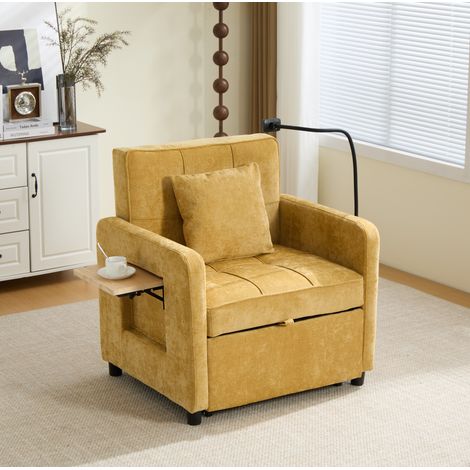 Fauteuil convertible 167x79x83 cm jaune moutarde en chenille avec rangement, tablette latérale et dossier réglable (1/5)