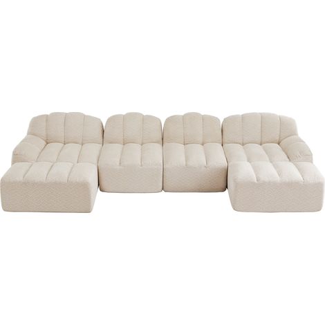 Divano modulare a U 4 posti con 2 pouf, tessuto beige, schiuma 32D (1/5)