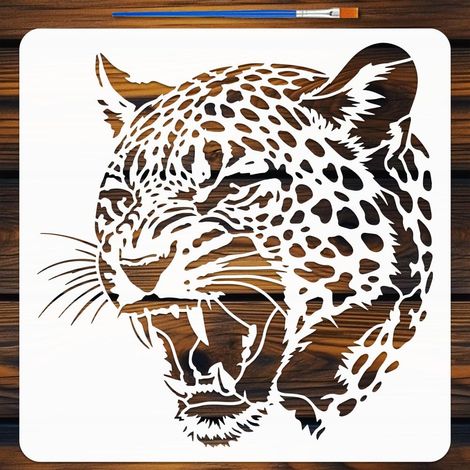 Pochoir Peinture Léopard Féroce avec Pinceau 30x30cm Réutilisable Modèle de Dessin Motif Léopard Plastique PET Pochoir Tête d'Animal Modèle Thème Animal pour Décoration de Sol (1/5)