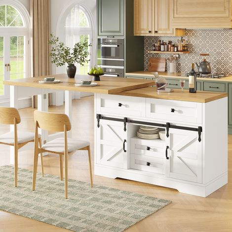 Isla de cocina con mesa extensible, 2 paneles giratorios 360°, almacenaje y puerta corredera, MDF blanco (1/5)