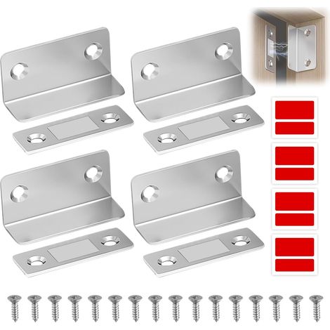 Lot de 4 loquets de porte magnétiques en alliage  Forte adhérence invisible, montage sans perçage, libération sans couture  Idéal pour armoires, armoires, portes coulissantes  Matériel