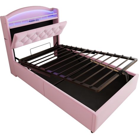 Cama infantil tapizada 90 x 200 cm con almacenamiento, LED, USB y USB-C, rosa HOMVRA (1/5)