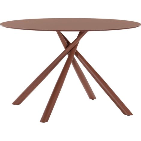 Table repas ronde Ø120cm plateau en verre trempé et pieds croisés métal terracotta - AXELLE (1/5)