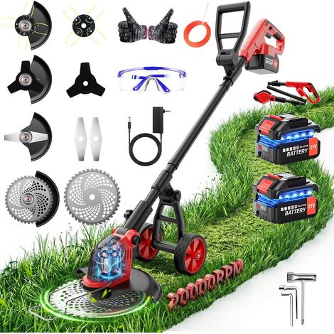 Débroussailleuse à Batterie 12 Pouces avec Roue, 20000 TR/Min, Coupe Bordure sans Fil avec 2 Batterie 3.0Ah, 4 Types De Lames, Moteur sans Balais, Poignée Réglable pour Jardin, Pelouse (1/5)