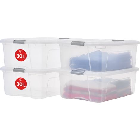 Boite Rangement Plastique avec Couvercle, 30L, Lot de 4, Argent, Clips de Fermeture, Poignée, Empilable, Organisation Solide (1/5)
