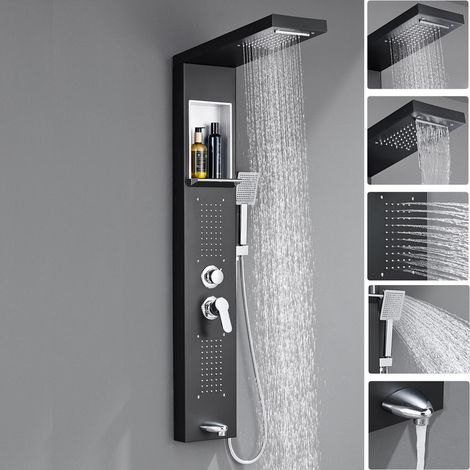 Auralum Max Colonne de Douche Noir Mat avec Niche, Panneau de Douche Mural 4 Fonctions, Douche Pluie, Douchette, Jets de Massage, Bec Baignoire, Inox et Laiton (1/5)