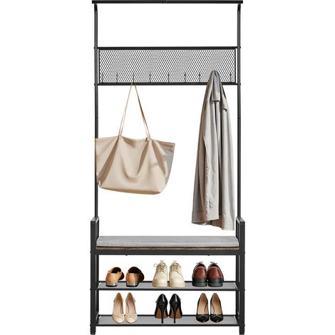 Mophorn Mobiletto multifunzione con scarpiera e panca per scarpe, dotato di 3 ripiani e ganci per appendere sciarpe e abiti. Ideale per soggiorno, camera da letto o corridoio (1/5)