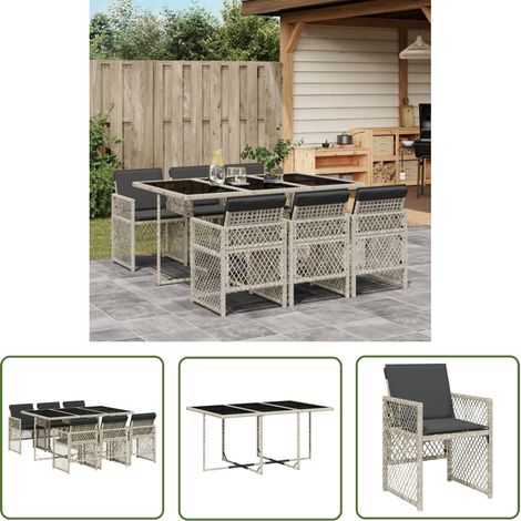 The Living Store 7-tlg. Garten-Essgruppe mit Kissen Hellgrau Poly Rattan - Gartenmöbel - Essgruppe - Gartenset - Outdoor Möbel - Terrassenmöbel (1/5)