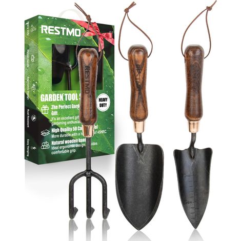 Lot de 3 outils de jardinage robustes avec poignée en bois comprenant une truelle, une pelle de transplantation, un désherbeur pour parterres de fleurs, des plantes en pot, un potager, cadeau (1/5)
