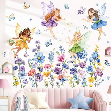 Stickers Muraux Fleur Fée Violet Autocollant Mural Elfes Floral (1/5)