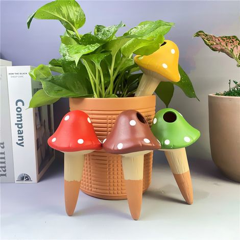 Arroseur automatique en terracotta forme champignon Lot de 4 Piquets d'irrigation goutte-à-goutte pour plantes 8,8x16,2cm multicolore (1/5)