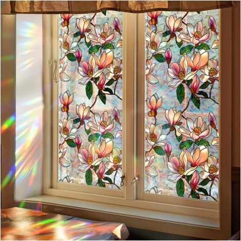 Film adhésif décoratif pour vitres à motif floral, effet vitrail, arc-en-ciel, anti-UV et statique (Lotus) - 1 pièce (1/5)