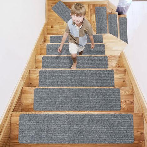 Lot de 2 tapis d'escalier antidérapants 20 x 76 cm, pour une utilisation intérieure en toute sécurité avec enfants, personnes âgées et animaux domestiques. Adhésif réutilisable. Couleur : gris clair.