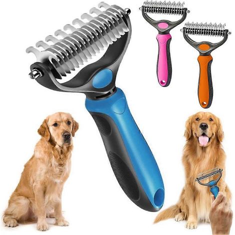 Peigne démêlant sans douleur pour chiens et chats à poils longs, double face, réduit la perte de poils de 95 %, manche ergonomique pour un toilettage en toute sécurité (bleu) (1/5)