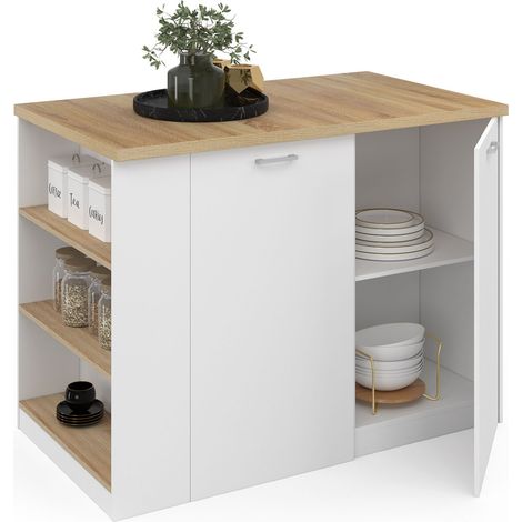 Idmarket – Îlot central TIBO 120 cm – Bois blanc – Plan de travail hêtre – Dimensions 120x70x90 cm – 2 portes avec étagères ajustables