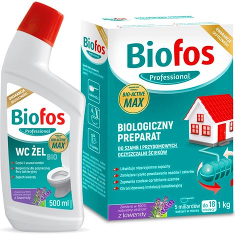 Preparación para fosas sépticas y plantas de tratamiento de aguas residuales domésticas BIOFOS 1 kg + Gel para inodoro 1 unidad.