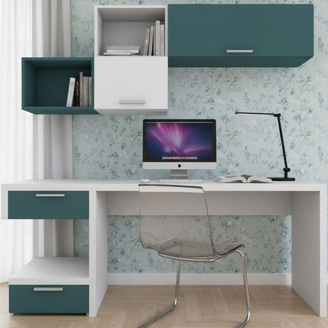 Angolo studio moderno con cassettiera sfalsata per cameretta - Bianco e Petrolio