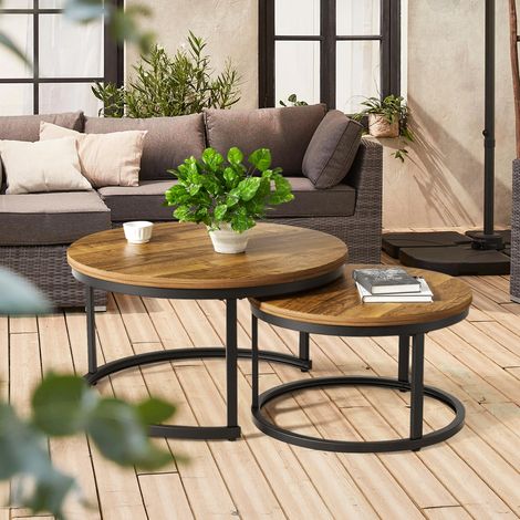 2 Stücke Beistelltisch Set rund, Couchtisch aus Holz mit Metallrahmen,Moderne Kaffeetische Satztische für Wohnzimmer Schlafzimmer Braun (1/5)