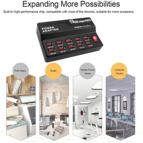 Station de charge multifonctionnelle haute vitesse à 10 ports USB (alimentation secteur/CC) pour smartphones, tablettes et autres appareils alimentés par USB (prise UE). (1/5)