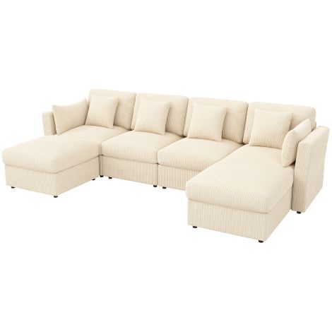 Canapé d'angle en U beige modulaire 6 places en velours côtelé avec accoudoirs réglables et repose-pieds amovible, canapé pour salon (1/5)