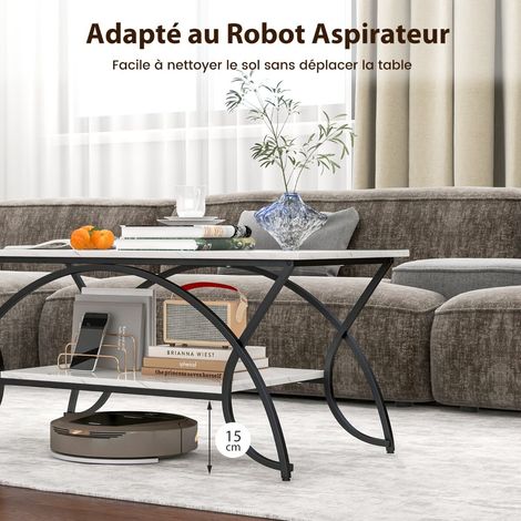 Table basse blanche rectangulaire à 2 niveaux avec plateau effet marbre, cadre métallique doré et rangement pour salon et séjour (1/5)