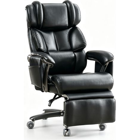 Silla ergonómica de oficina negra en PU con función masaje y calor, reposapiés, reclinable (1/4)