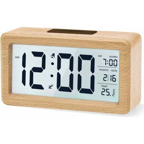 Réveil numérique, horloge de chevet en bois avec grand écran LCD rétroéclairé, température, fonction Snooze, capteur de luminosité, 3 piles AAA【Batterie NON Incluse】