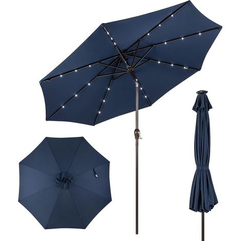 COSTWAY Parasol de Jardin Extérieur Ø 300 CM, Parasol Inclinable Lumineux Solaire avec 24 LED, Parasol Droit avec Manivelle et 8 Baleines Métalliques Robustes, pour Balcon Jardin Terrasse(Bleu Foncé)
