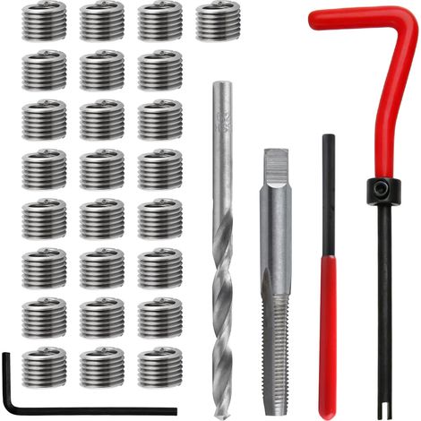 30 Pièces Kit de Réparation de Filetage M6 x 1.0mm avec Foret HSS, Kit d'Insert de Filetage Métrique, Outil de Refiletage Portable pour Réparation de Filets Auto (1/5)