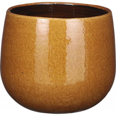 Pot de fleurs en céramique jaune ocre brillant à pois, diamètre 18 x hauteur 16 cm. (1/5)