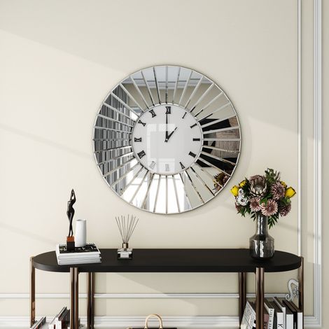 Horloge murale ronde miroir 60x60 cm – Silencieuse avec mouvement à faible bruit – Chiffres romains en verre argenté – Élément décoratif moderne (1/5)
